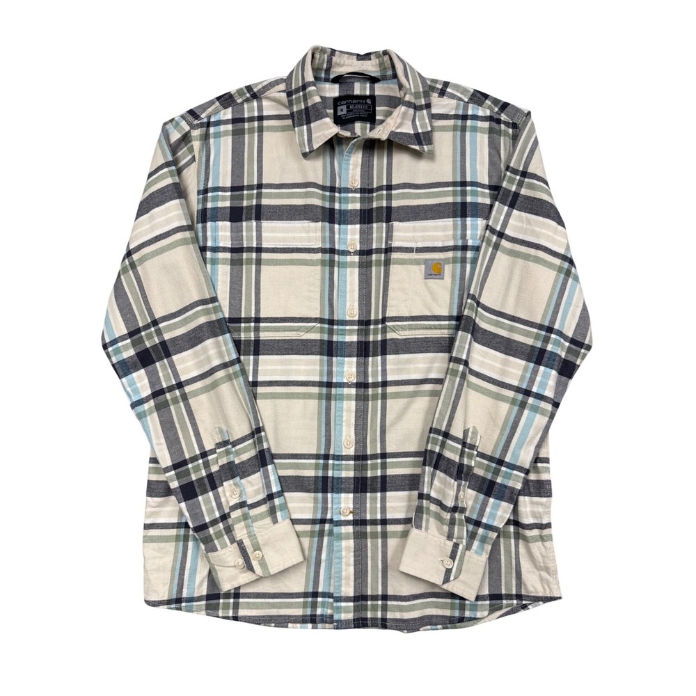 Carhartt Button Up Shirt Mens M Cream Plaid Rugged Flex Relaxed Fit Workwear Top